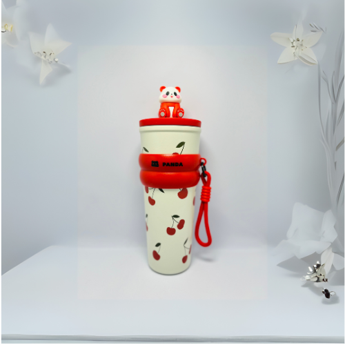 Panda Jelly Cup – 700ml Cute Cherry Design with Strap & Panda Topper (Red)