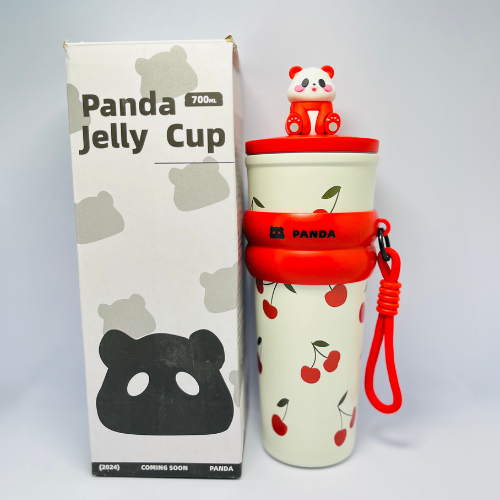 Panda Jelly Cup – 700ml Cute Cherry Design with Strap & Panda Topper (Red) - Hover